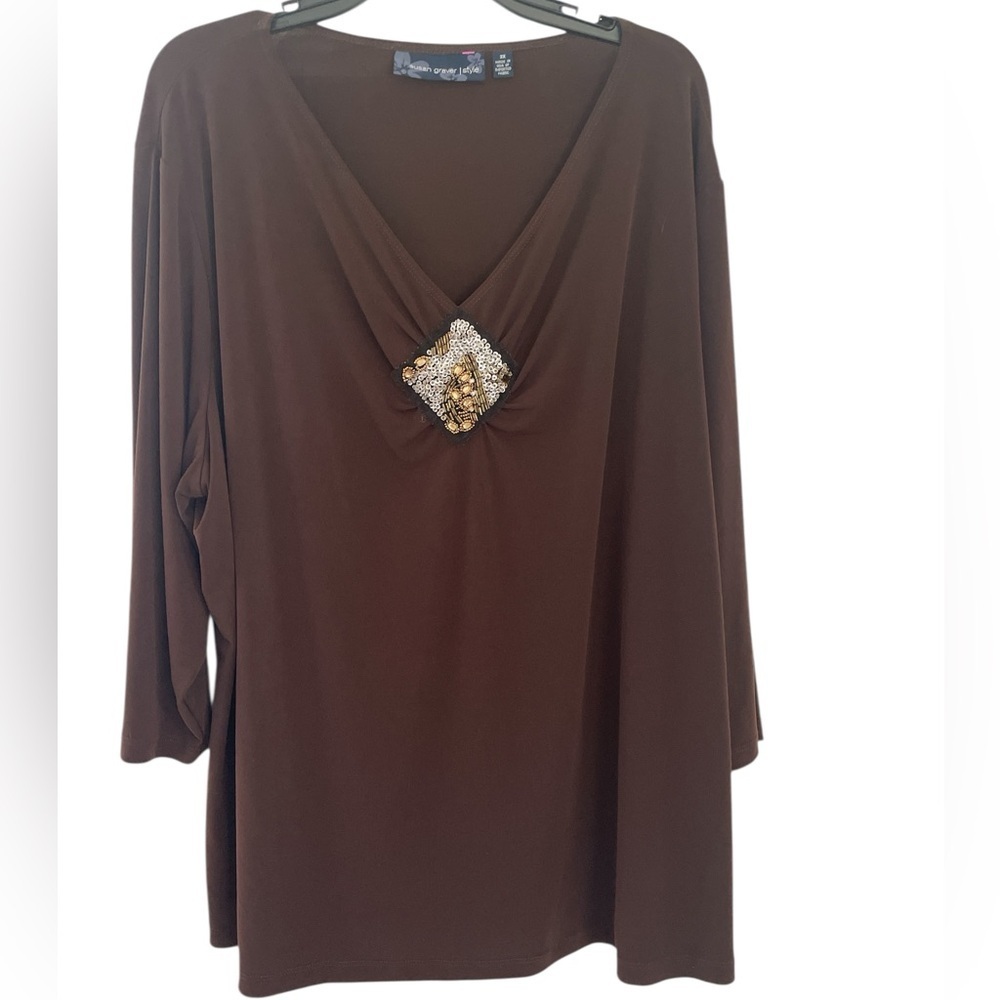 Susan Graver Chocolate Embellished V-Neck Blouse size 3X - Picture 2 of 8